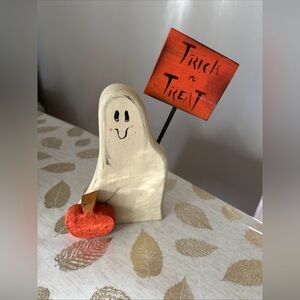 Halloween wooden ghost with trick or treat sign 
9.5 x 5 inches Halloween decor